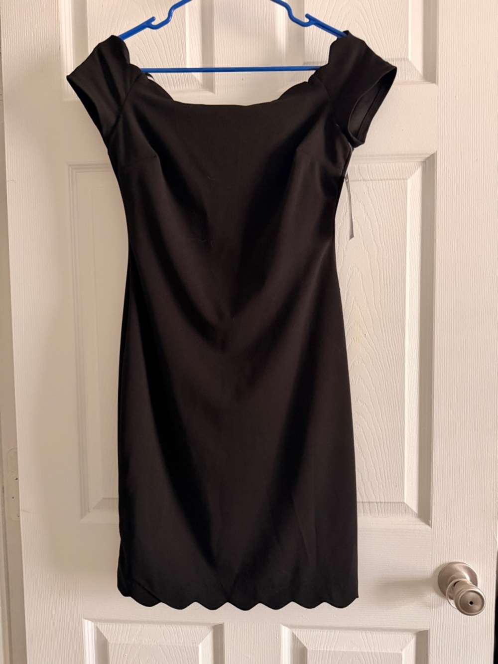 Premier Black Off-Shoulder Mini Dress with Scalloped Hem